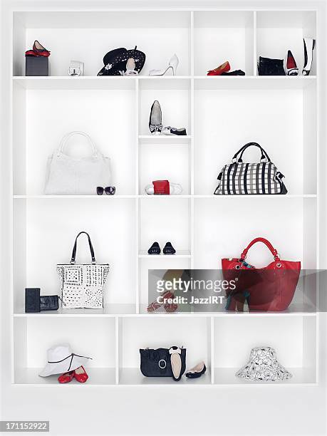 shelves filled with women's accessories - womenswear stock pictures, royalty-free photos & images