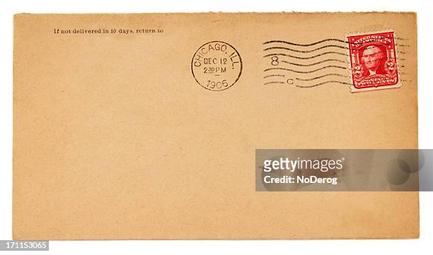alten umschlag mit 1906 chicago poststempel und zwei cent-briefmarke - postmark stock-fotos und bilder