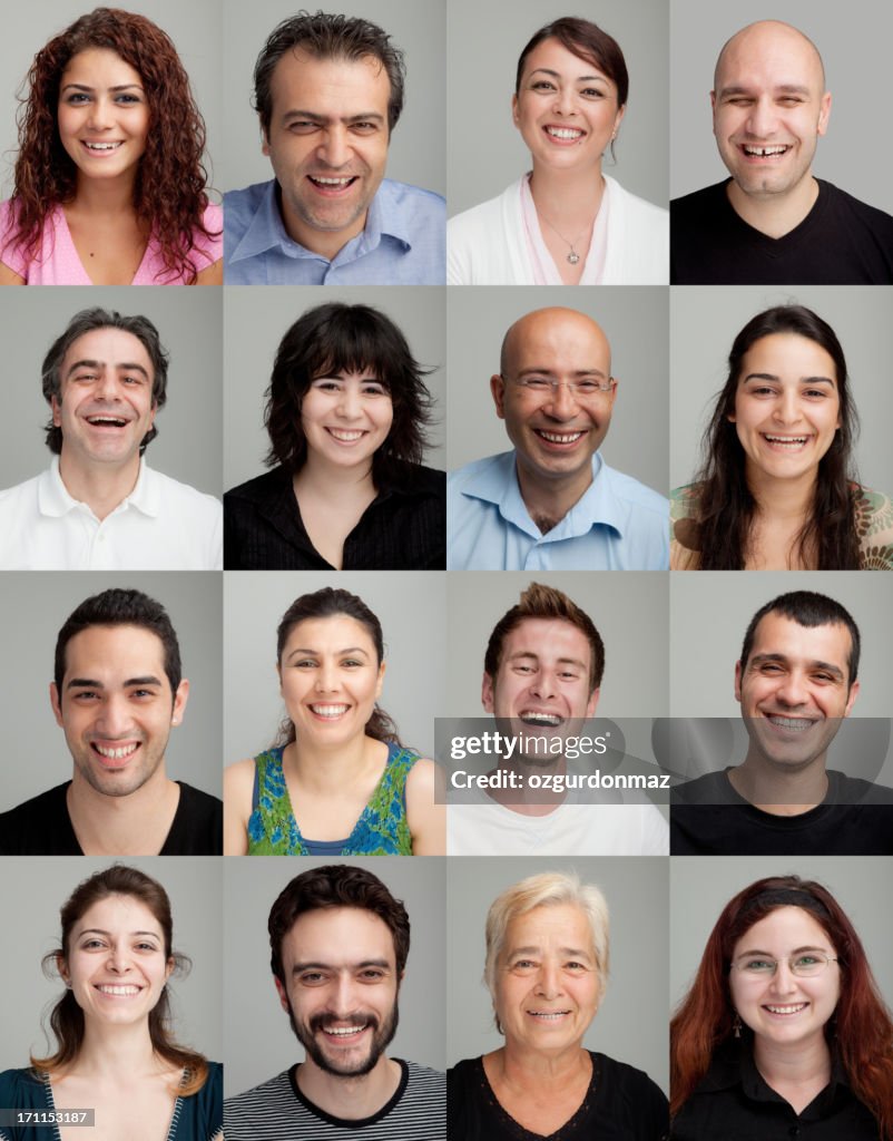 Collage of 16 different men and women smiling