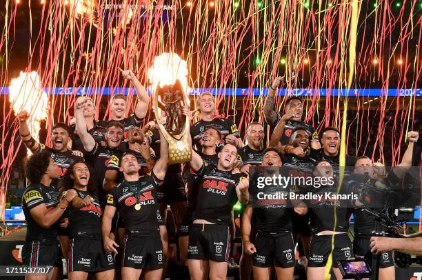 The Panthers players celebrate victory after winning the 2023 NRL Grand Final match between Penrith Panthers and Brisbane Broncos at Accor Stadium on...