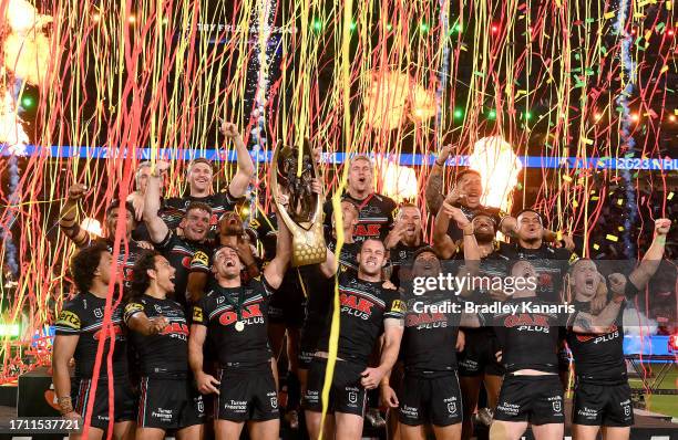 The Panthers players celebrate victory after winning the 2023 NRL Grand Final match between Penrith Panthers and Brisbane Broncos at Accor Stadium on...