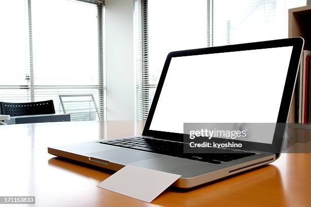 blank laptop with blank business card inside of an office - business cards on table stock pictures, royalty-free photos & images