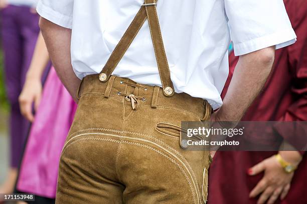 bavarian beer fest leather trousers - lederhosen - breeches stockfoto's en -beelden