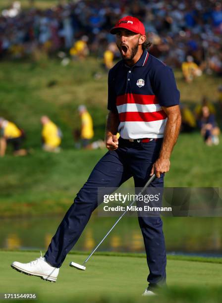 Max Homa of Team United States celebrates on the 18th green during the Sunday singles matches of the 2023 Ryder Cup at Marco Simone Golf Club on...