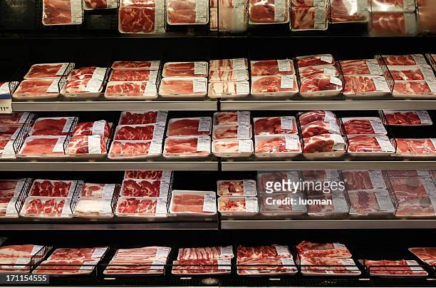 meat department in a supermarket - red meat stock pictures, royalty-free photos & images