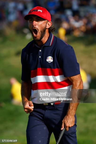 Max Homa of Team United States celebrates on the 18th green during the Sunday singles matches of the 2023 Ryder Cup at Marco Simone Golf Club on...