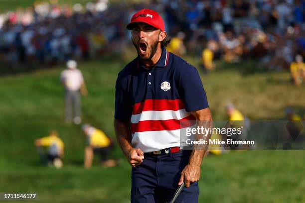 Max Homa of Team United States celebrates on the 18th green during the Sunday singles matches of the 2023 Ryder Cup at Marco Simone Golf Club on...