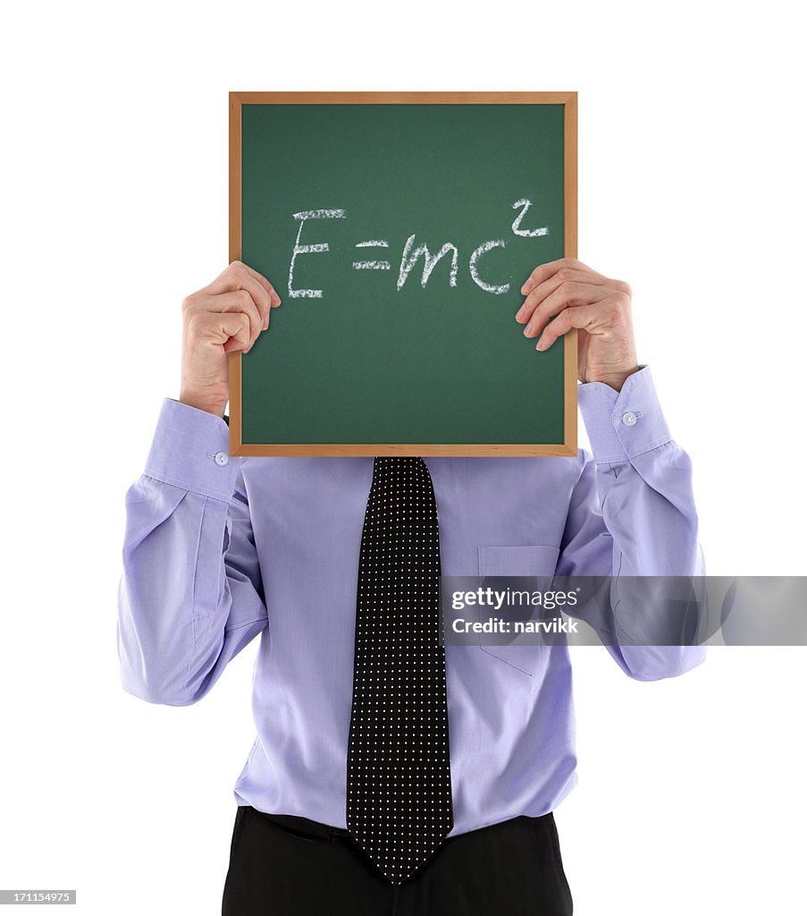 Man Holding Greenboard with E=mc2 formula
