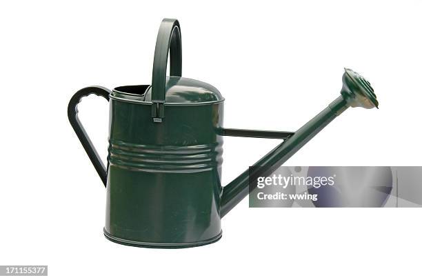 a green metal regador é isolado a branco. - regador imagens e fotografias de stock