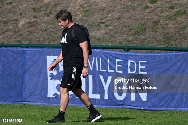 Rugby CEO Mark Robinson arrives for a New Zealand All Blacks training session at LOU rugby club on October 1, 2023 in Lyon, France.