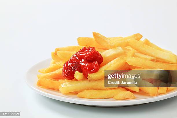 french fries with ketchup - fast food french fries stock pictures, royalty-free photos & images