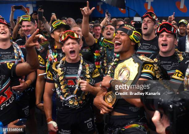 The Panthers players and coaching staff celebrate victory in their dressing room with close friends and family after winning the 2023 NRL Grand Final...