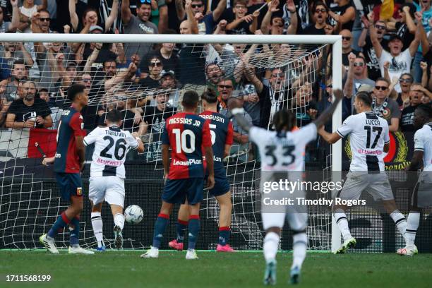 Udinese players and fans celebrate their second goal during the Serie A TIM match between Udinese Calcio and Genoa CFC at Bluenergy Stadium on...