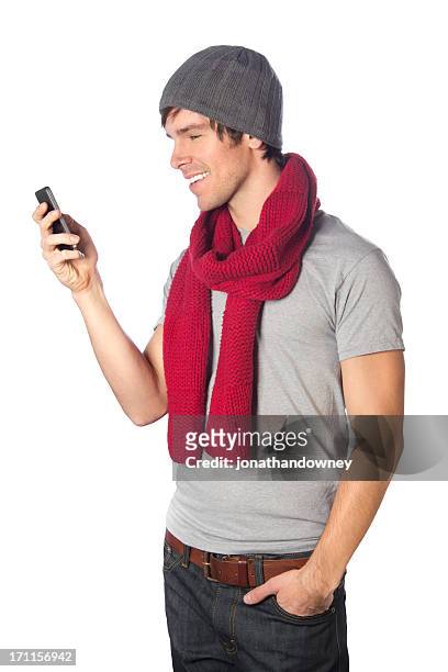 texting young guy - scarf isolated stockfoto's en -beelden