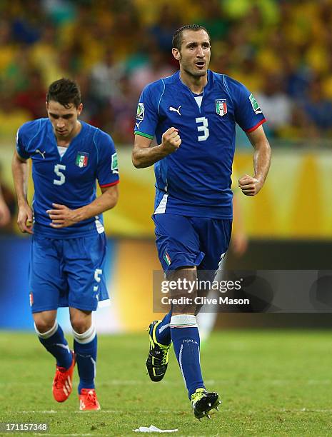 Giorgio Chiellini of Italy celebrates as he scores their second goal during the FIFA Confederations Cup Brazil 2013 Group A match between Italy and...