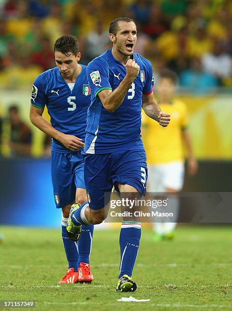 Giorgio Chiellini of Italy celebrates as he scores their second goal during the FIFA Confederations Cup Brazil 2013 Group A match between Italy and...