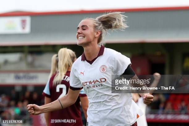 Jill Roord of Manchester City celebrates after scoring the team's second goal during the Barclays Women's Super League match between West Ham United...