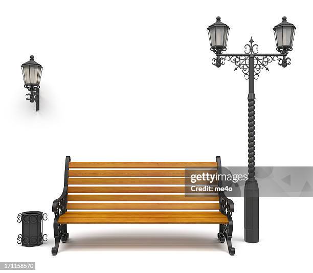 3d wrought iron decoration set isolated on white - public park bench stock pictures, royalty-free photos & images