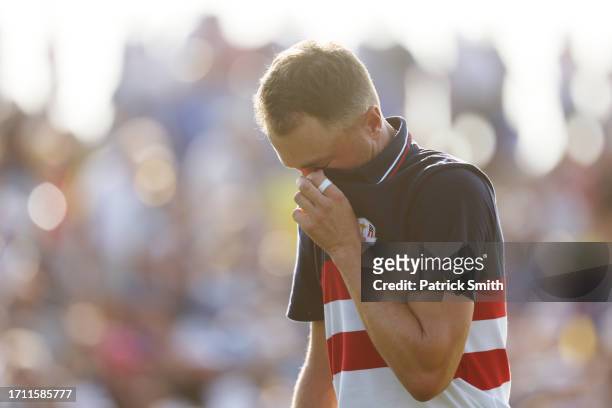 Justin Thomas of Team United States looks dejected as he walks on the 17th hole during the Sunday singles matches of the 2023 Ryder Cup at Marco...