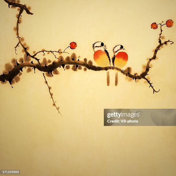 an illustration of two birds on a branch - chinese landscape painting stock illustrations