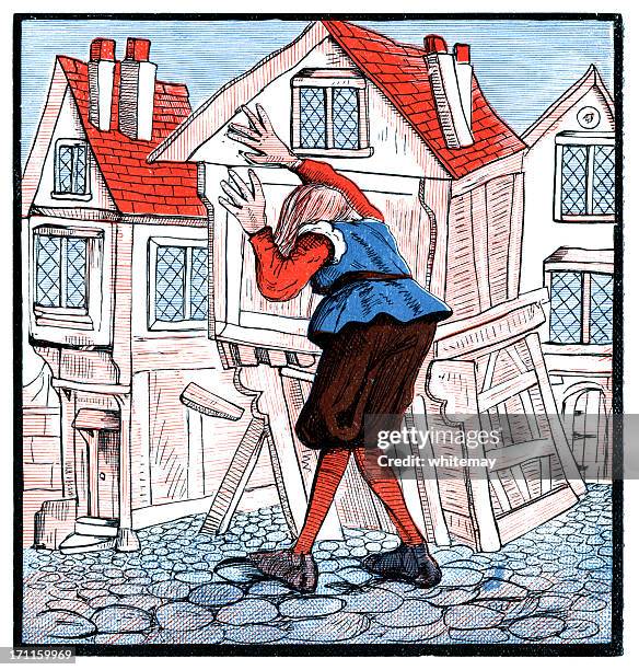 man trying to hold up a house (victorian cartoon) - victorian house stock illustrations