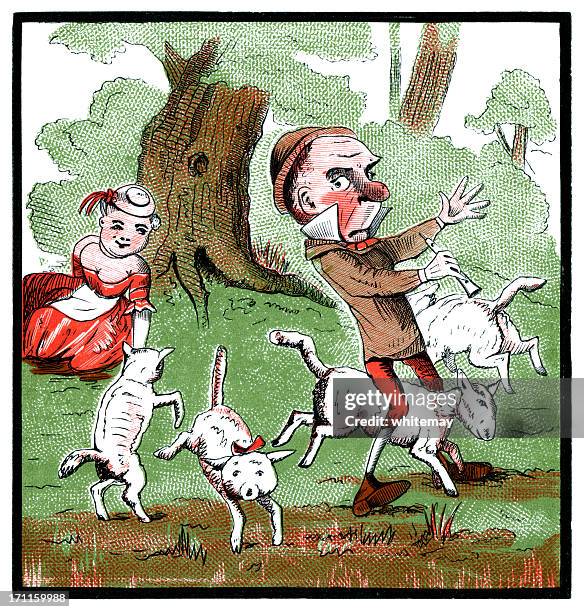 man with flute falling over a sheep (victorian cartoon) - awkward first date stock illustrations