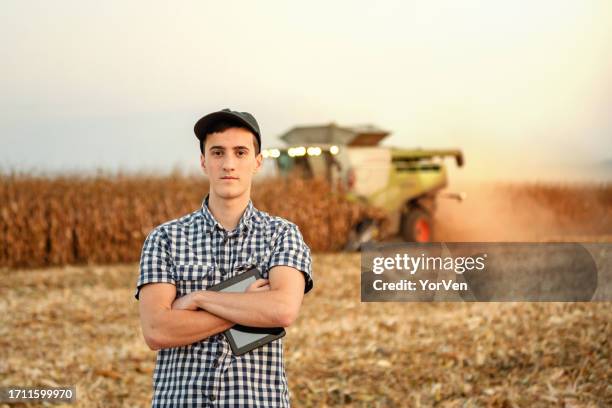portrait of confident young farmer during corn harvest - may 19 stock pictures, royalty-free photos & images