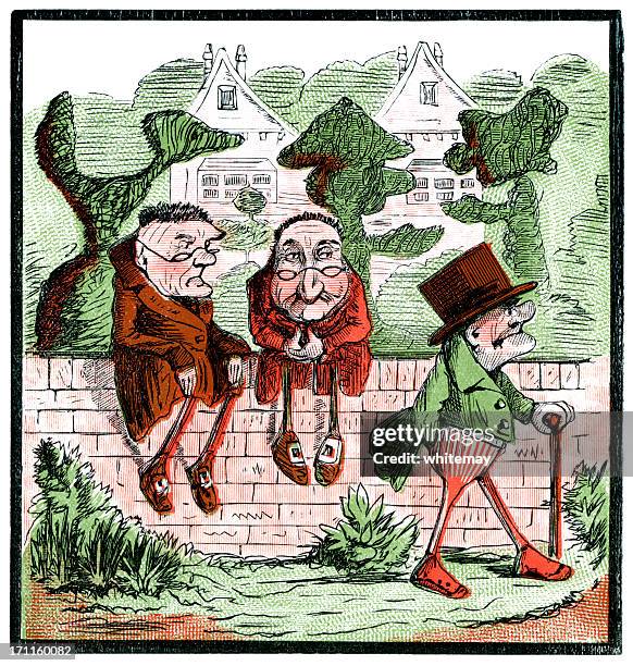 three grumpy old men (victorian cartoon) - old person walking in garden stock illustrations