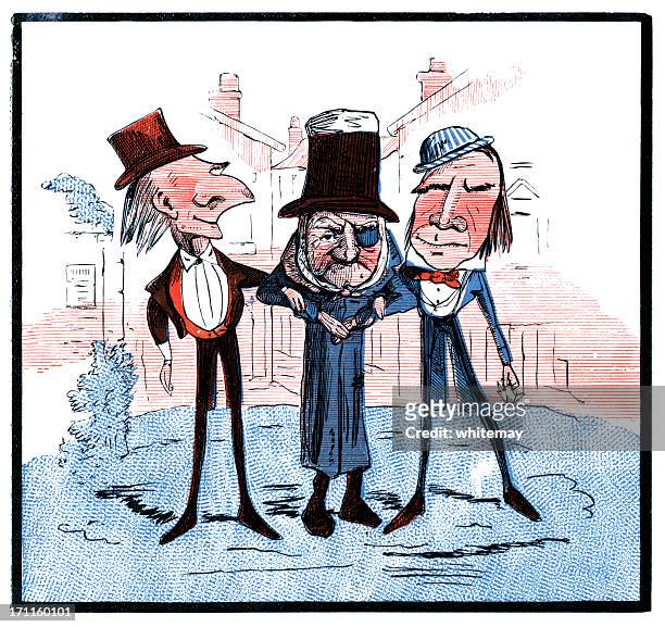 three men with one eye between them (victorian cartoon) - medical eye patch stock illustrations