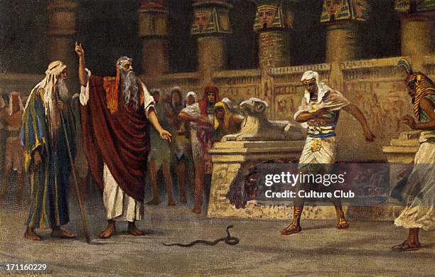 Moses and Aaron meet Pharaoh and Aaron turns his rod into a snake. By Robert Leinweber.