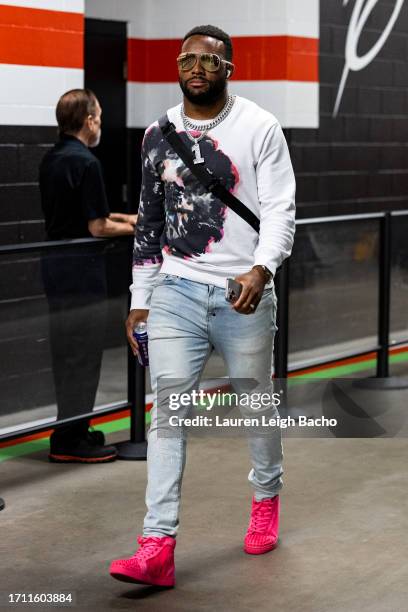 Juan Thornhill of the Cleveland Browns arrives at the stadium before the game against the Baltimore Ravens at Cleveland Browns Stadium on October 1,...