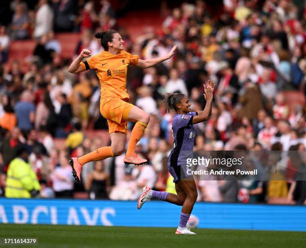 Rachael Laws and Taylor Hinds of Liverpool Women celebrating the win at the end of the Barclays Women's Super League match between Arsenal FC and...