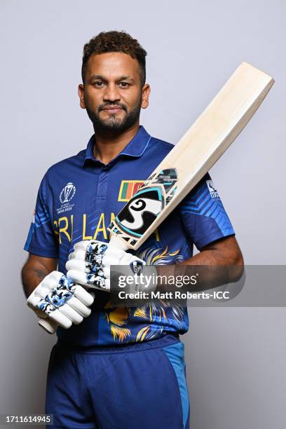 Dimuth Karunaratne of Sri Lanka poses for a portrait ahead of the ICC Men's Cricket World Cup India 2023 on September 30, 2023 in Guwahati, India.