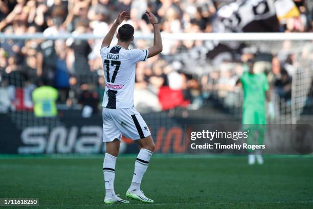 Lorenzo Lucca of Udinese celebrates his goal during the Serie A TIM match between Udinese Calcio and Genoa CFC at Bluenergy Stadium on October 01,...