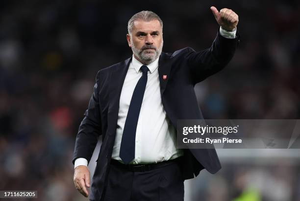 Ange Postecoglou, Manager of Tottenham Hotspur, reacts after the Premier League match between Tottenham Hotspur and Liverpool FC at Tottenham Hotspur...