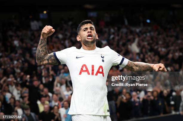 Cristian Romero of Tottenham Hotspur celebrates after his team scored the winning goal during the Premier League match between Tottenham Hotspur and...