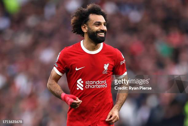 Mohamed Salah of Liverpool reacts during the Premier League match between Tottenham Hotspur and Liverpool FC at Tottenham Hotspur Stadium on...