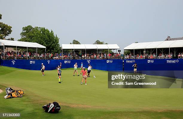 Nicole Smith acknowledges the crowd on the 17th hole during the second round of the Walmart NW Arkansas Championship Presented by P&G at the Pinnacle...