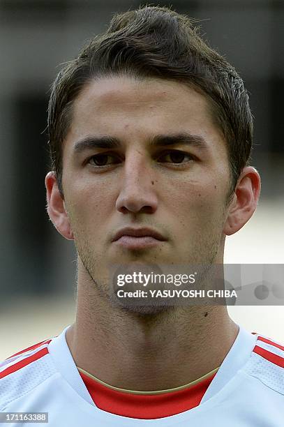 Mexico's defender Hiram Mier listens to the national anthems before the start of the FIFA Confederations Cup Brazil 2013 Group A football match...