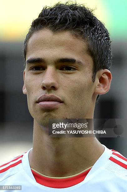 Mexico's defender Diego Reyes listens to the national anthems before the start of the FIFA Confederations Cup Brazil 2013 Group A football match...