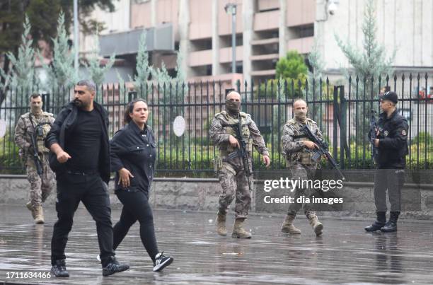 The aftermath of an attempted bomb attack on the Interior Ministry in Ankara on October 1, 2023 in Ankara, Turkey. One of the terrorists blew himself...