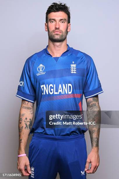 Reece Topley of England poses for a portrait ahead of the ICC Men's Cricket World Cup India 2023 on October 01, 2023 in Guwahati, India.