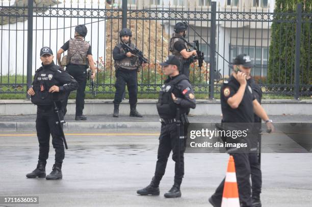 The aftermath of an attempted bomb attack on the Interior Ministry in Ankara on October 1, 2023 in Ankara, Turkey. One of the terrorists blew himself...