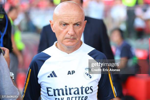 Real Madrid assistant coach Antonio Pintus looks on prior to the LaLiga EA Sports match between Girona FC and Real Madrid CF at Montilivi Stadium on...