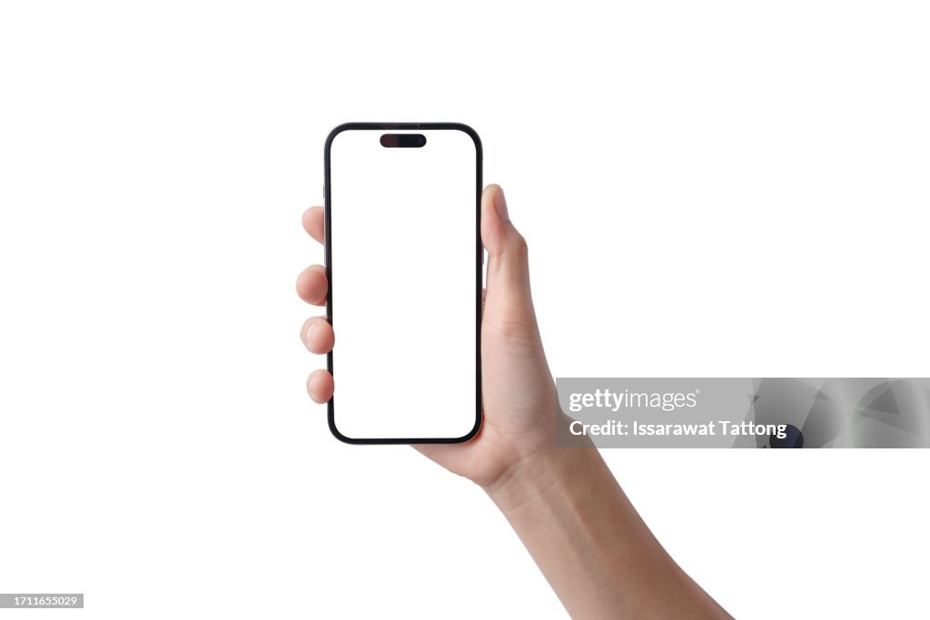 Woman hand holding smartphone isolated on white background