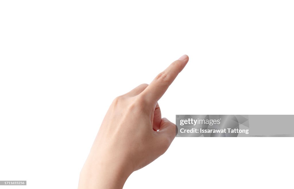 Woman's hand touching or pointing to something isolated on white background. Close up. High resolution.
