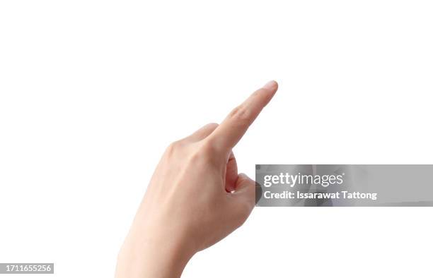 woman's hand touching or pointing to something isolated on white background. close up. high resolution. - pekfinger bildbanksfoton och bilder