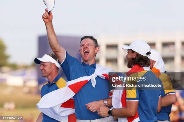 Justin Rose of Team Europe celebrates on the first hole following the Sunday singles matches of the 2023 Ryder Cup at Marco Simone Golf Club on...