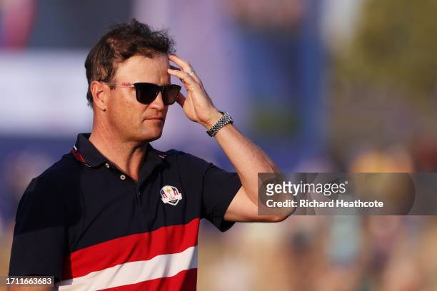 Zach Johnson, Captain of Team United States reacts following the Sunday singles matches of the 2023 Ryder Cup at Marco Simone Golf Club on October...