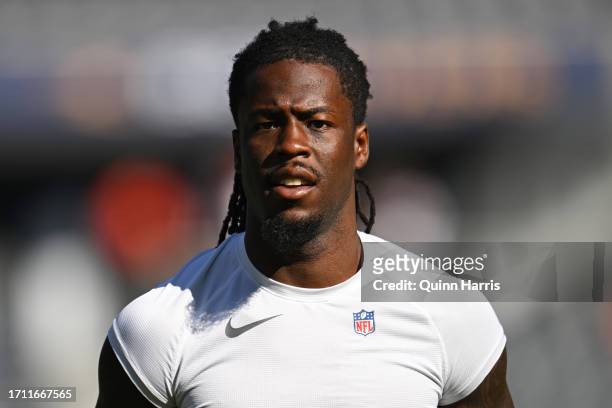 Jerry Jeudy of the Denver Broncos warms up before the game against the Chicago Bears at Soldier Field on October 01, 2023 in Chicago, Illinois.
